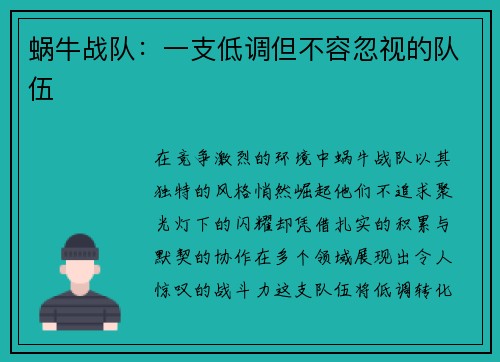 蜗牛战队：一支低调但不容忽视的队伍