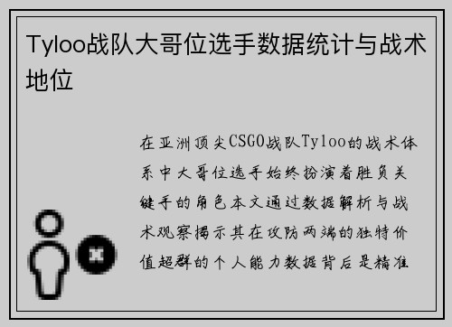 Tyloo战队大哥位选手数据统计与战术地位
