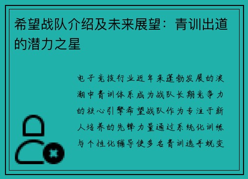 希望战队介绍及未来展望：青训出道的潜力之星