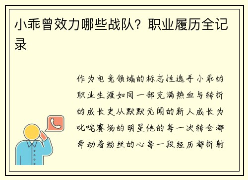 小乖曾效力哪些战队？职业履历全记录