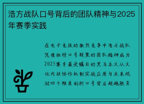 浩方战队口号背后的团队精神与2025年赛季实践